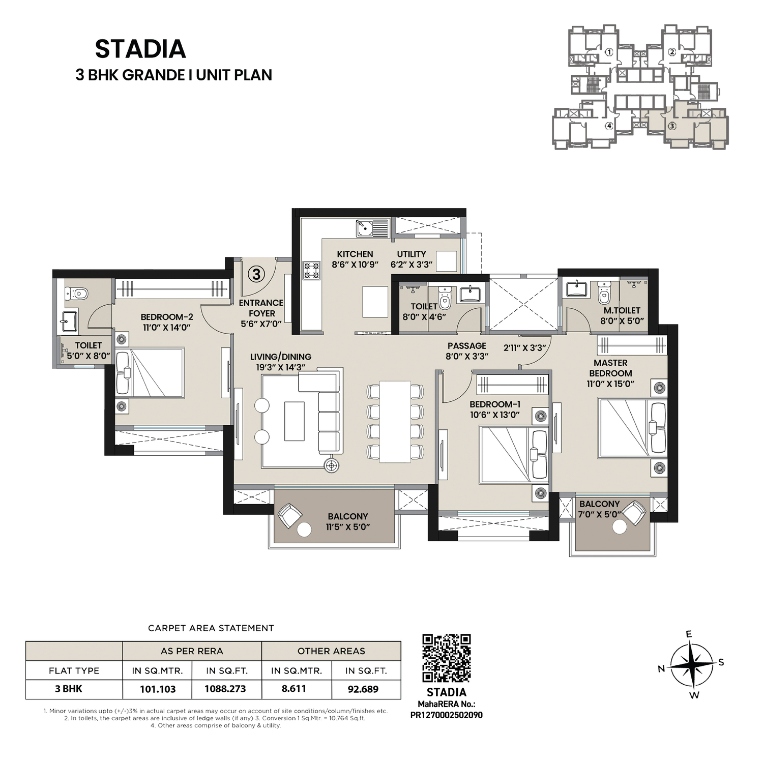 Stadia 3 BHK Grande unit plan