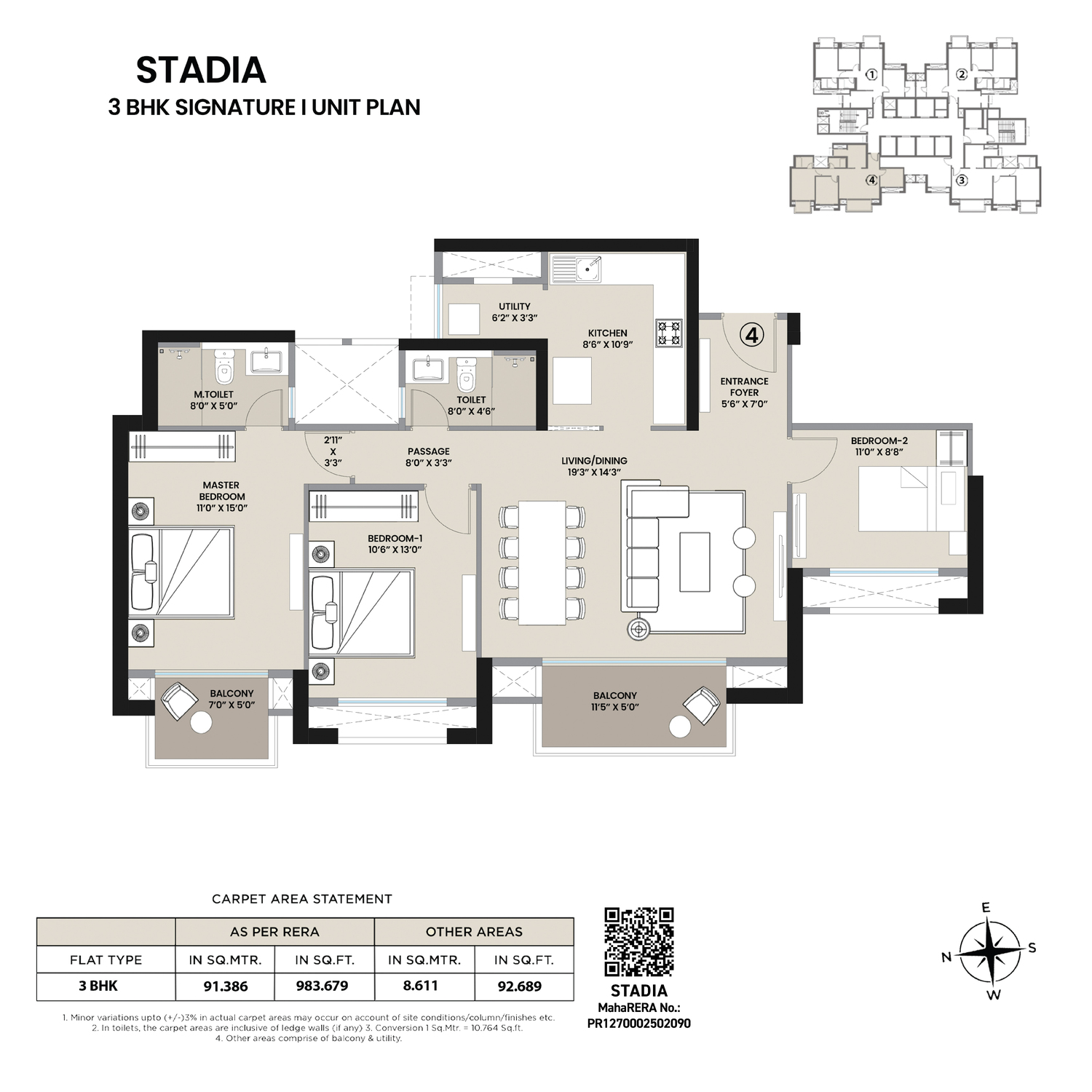 Stadia 3 BHK Signature unit plan